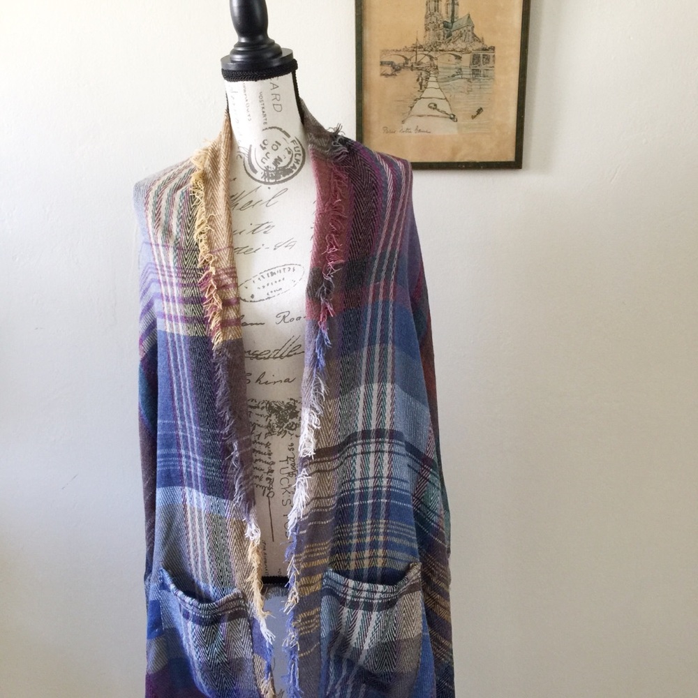 Only 1 Left!! Plaid Ruana With Pockets Poncho Wrap - Picture 4 of 7